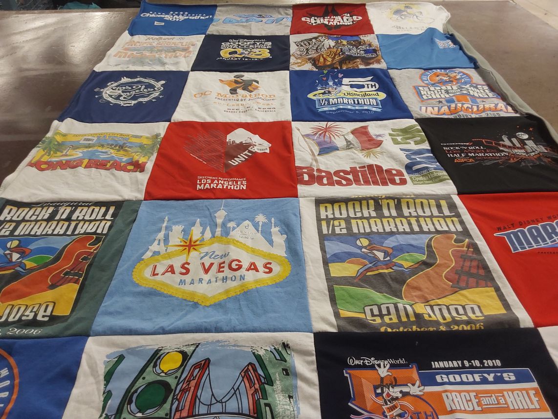 T-shirt quilt with marathons, running themes by Reina from CA
