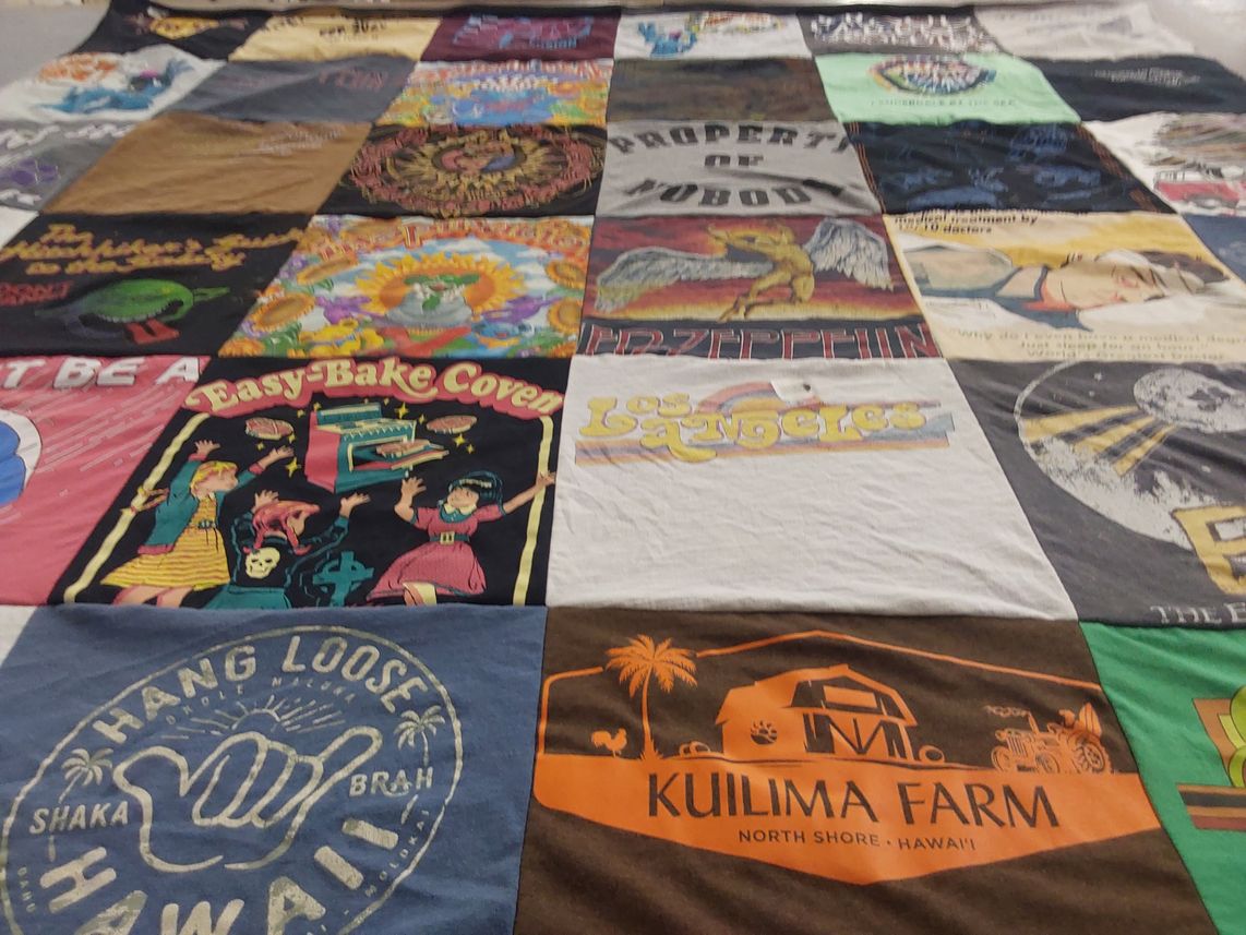 T-shirt quilt with cooking, music themes by Heather from IL