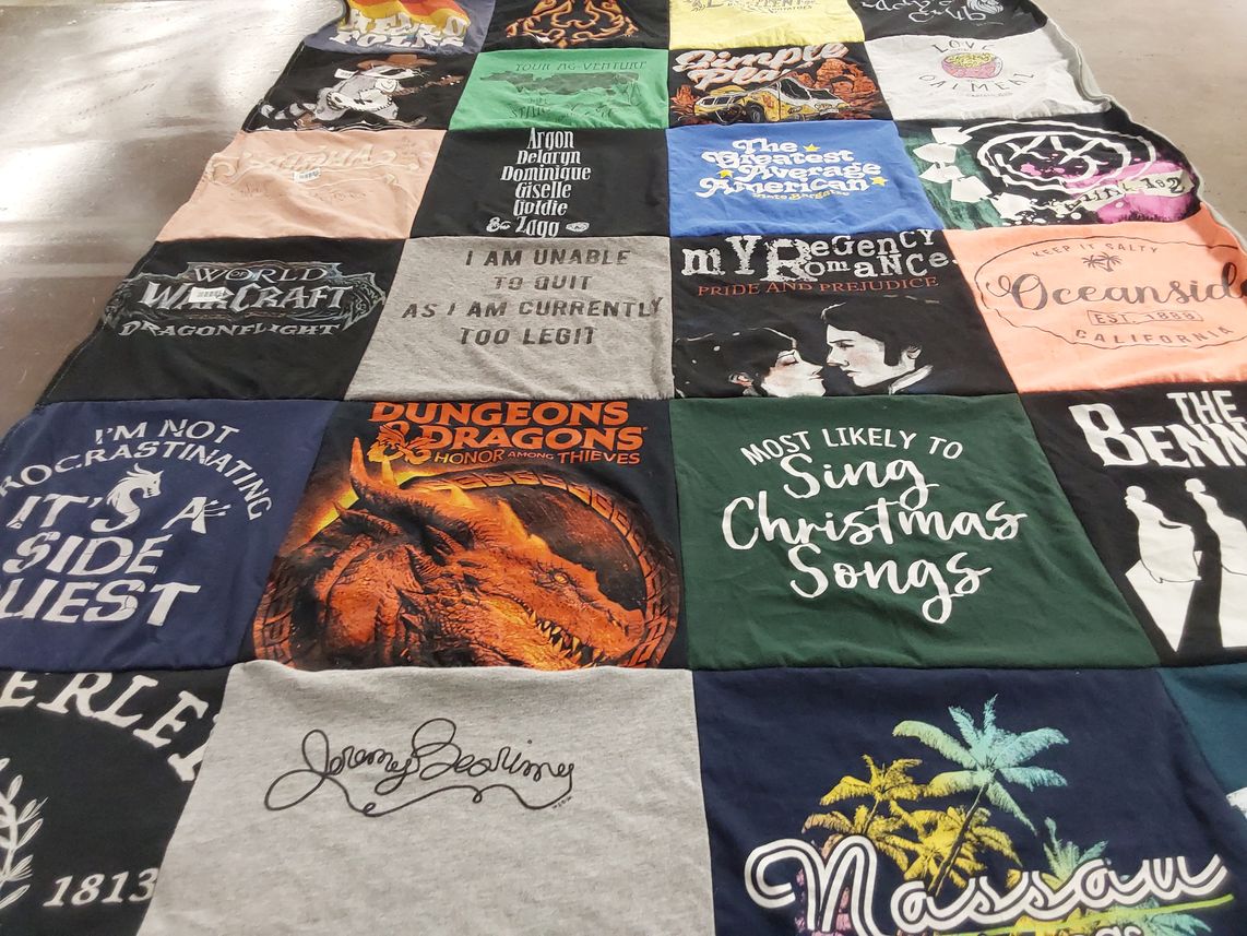 T-shirt quilt with gaming, fantasy themes by Ashley from UT