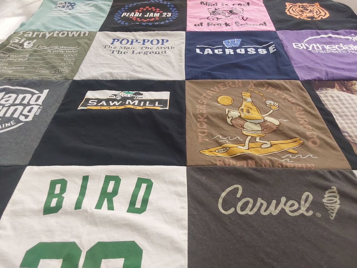 T-shirt quilt with music, food themes by Katie from NY