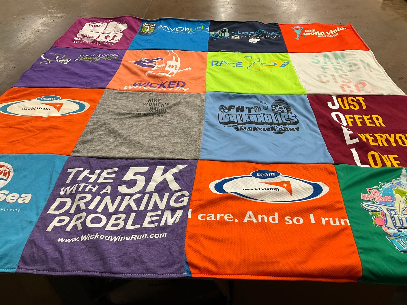 T-shirt quilt with running, events themes by Rachel from CA