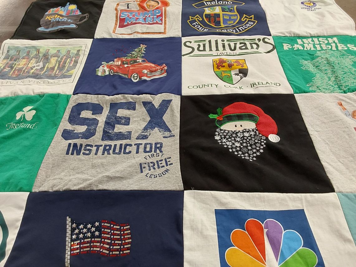T-shirt quilt with drinking, festivities themes by Emily from CT