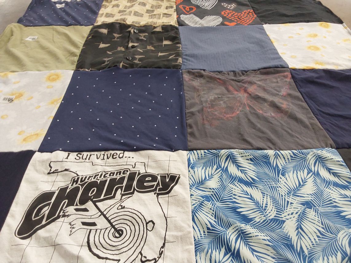 T-shirt quilt with weather, hurricanes themes by Carrie from FL