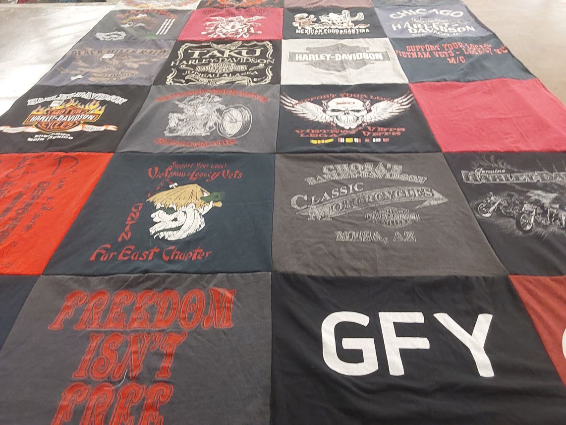 T-shirt quilt with motorcycles, biking themes by Nicole from CA