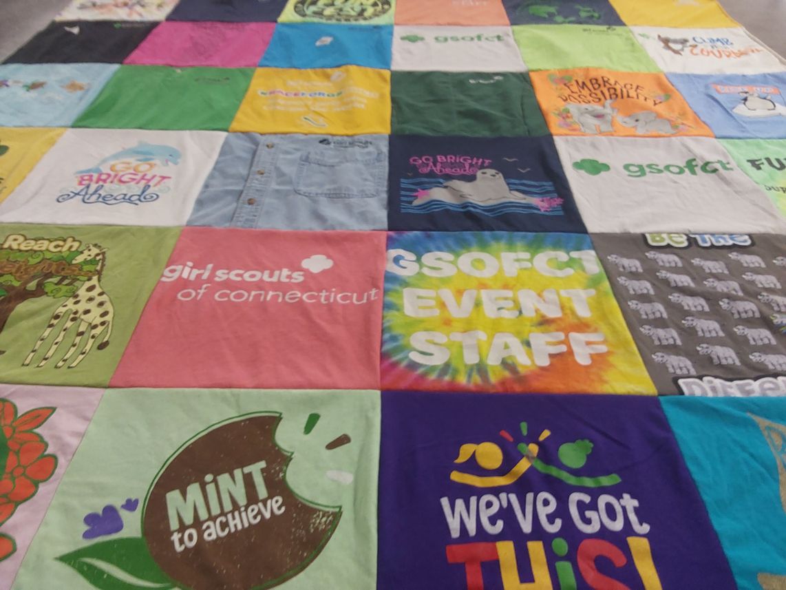 T-shirt quilt with girl scouts, community service themes by Kari from CT