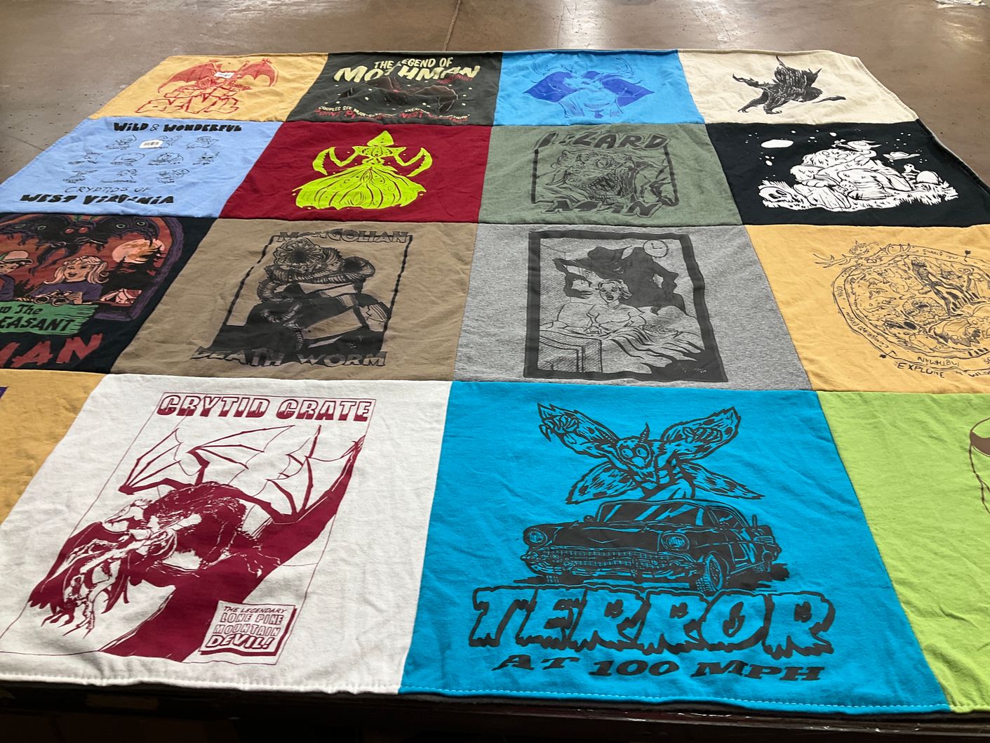 T-shirt quilt with cryptids, horror themes by Yancey from NC