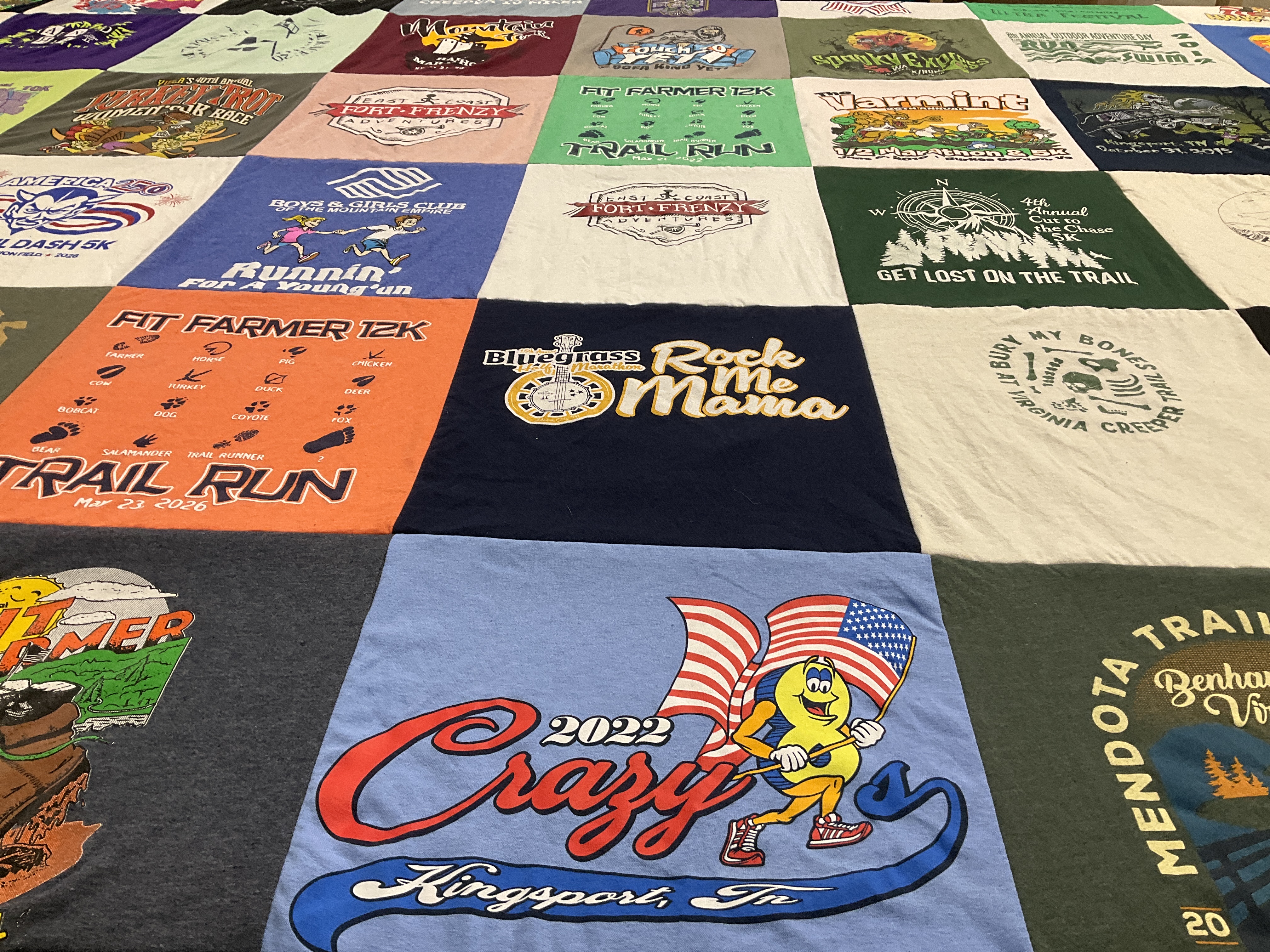 T-shirt quilt with running, outdoors themes by Janine from VA
