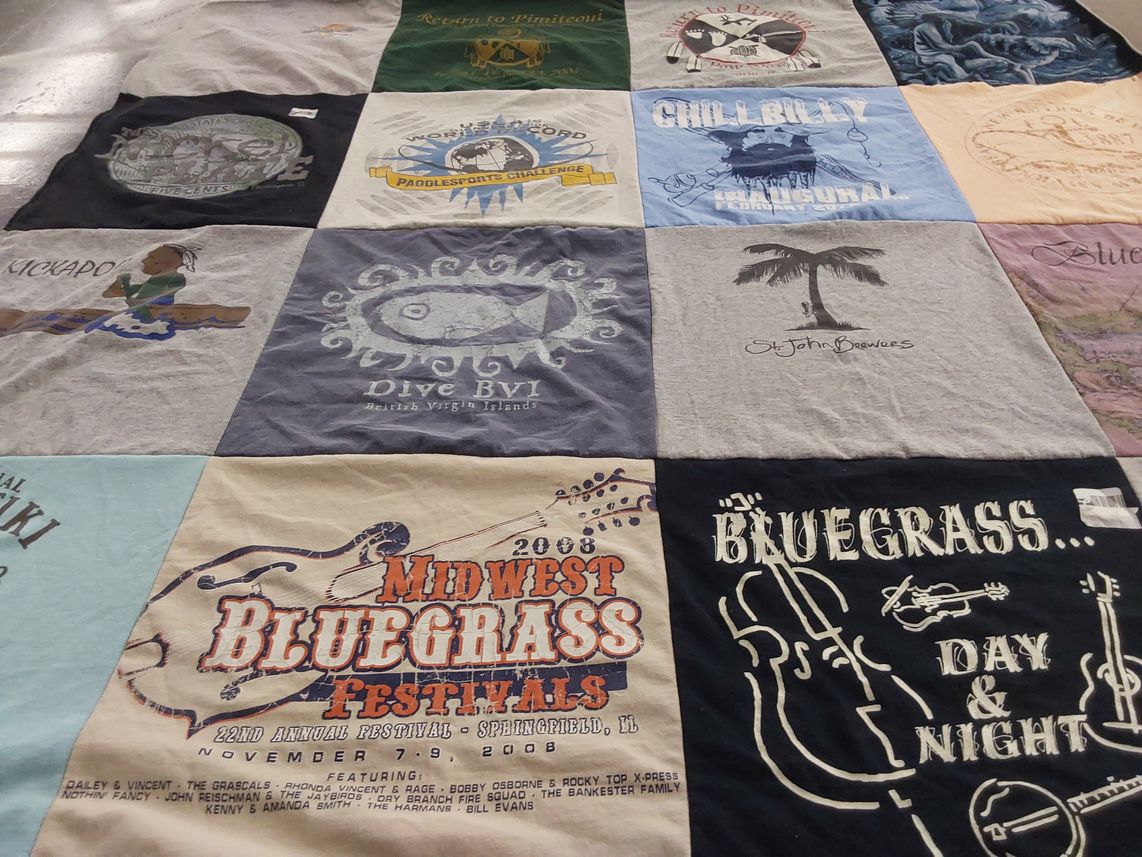 T-shirt quilt with bluegrass music, outdoor activities themes by Pamela from IL
