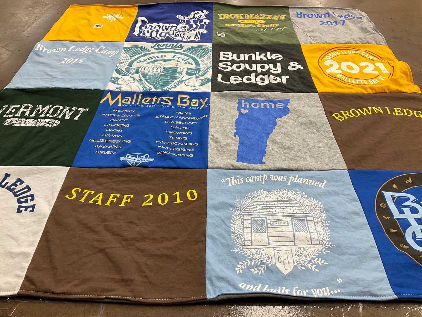 T-shirt quilt with camping, outdoor activities themes by Catie from NY