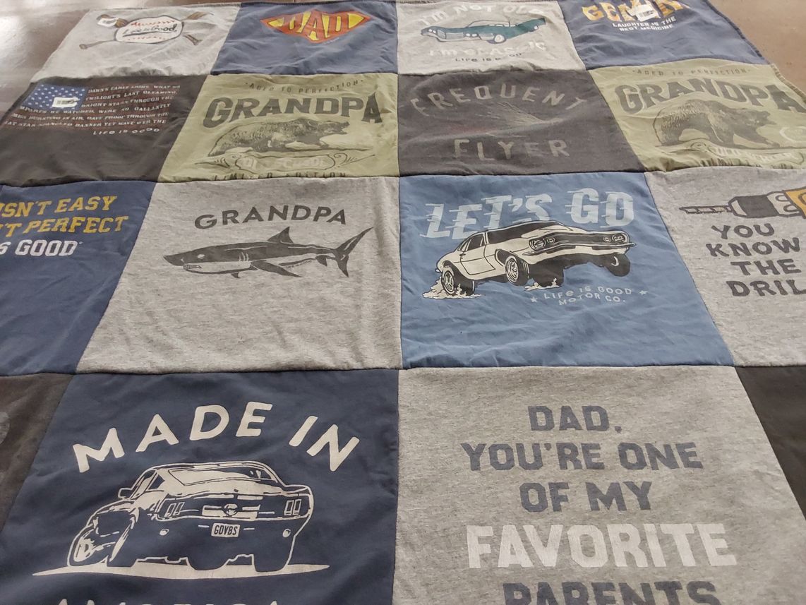 T-shirt quilt with family, cars themes by Katherine from FL