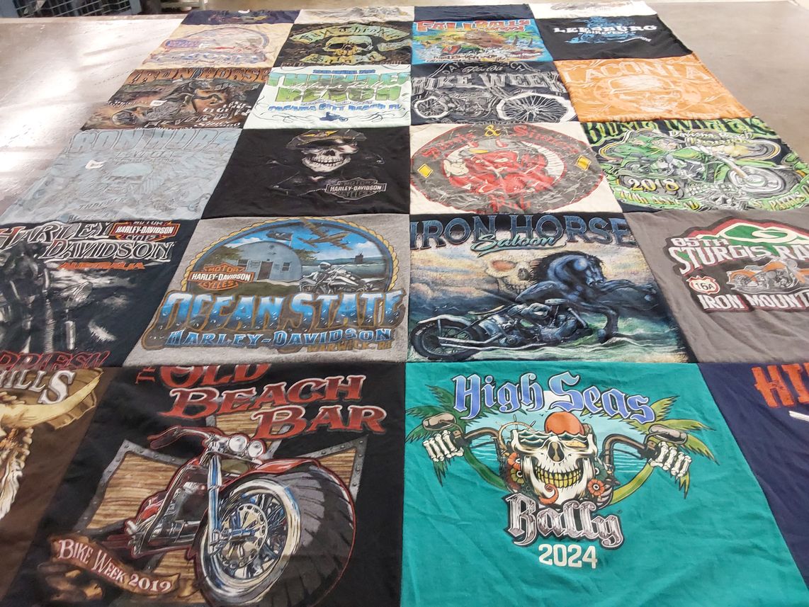 T-shirt quilt with motorcycles, biking themes by Brian from FL
