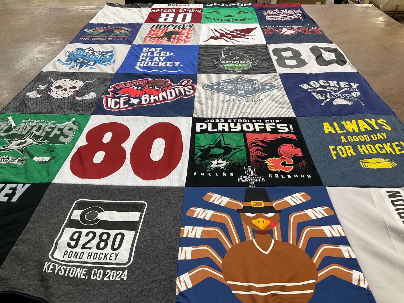 T-shirt quilt with hockey themes by Patricia from TX