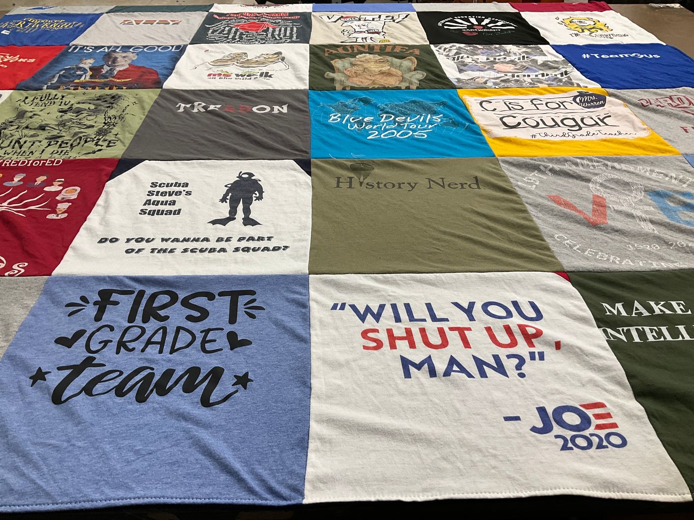 T-shirt quilt with education, scuba diving themes by Kathleen from AZ