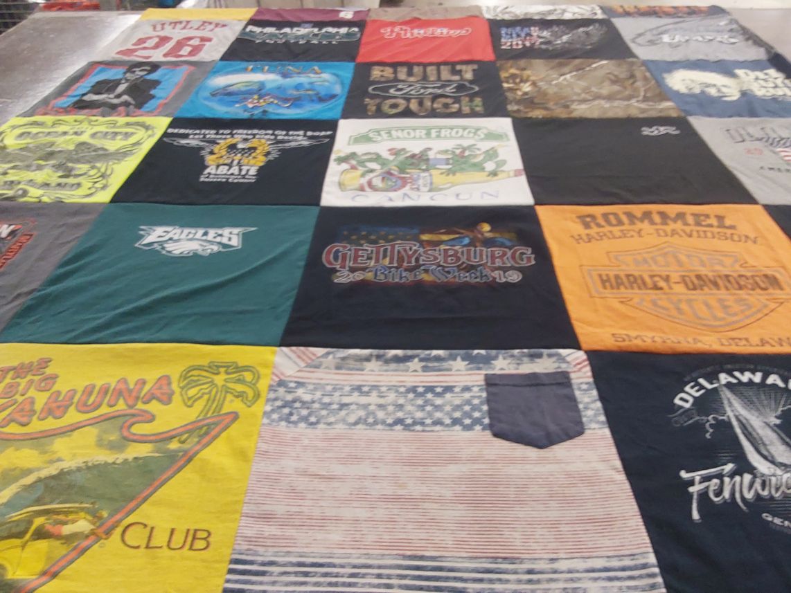 T-shirt quilt with motorcycles, travel themes by Elizabeth from DE