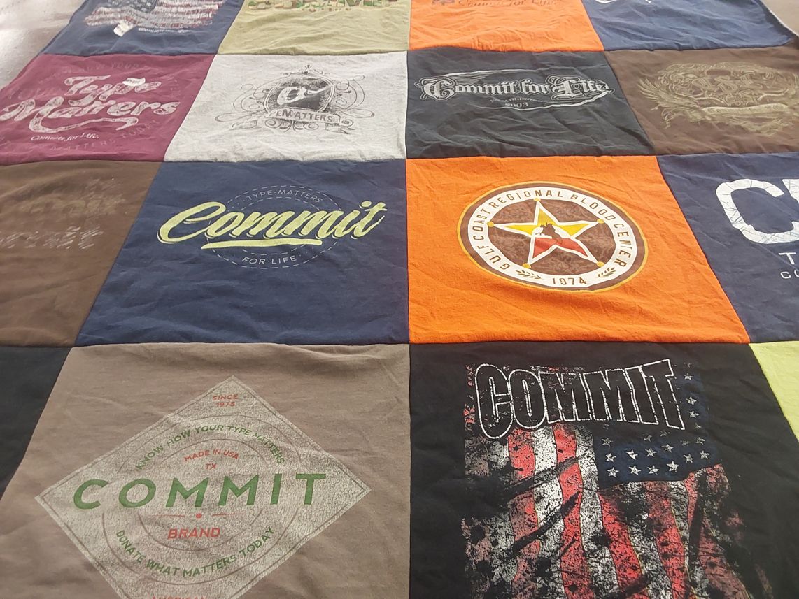 T-shirt quilt with blood donation, community service themes by Deborah from TX