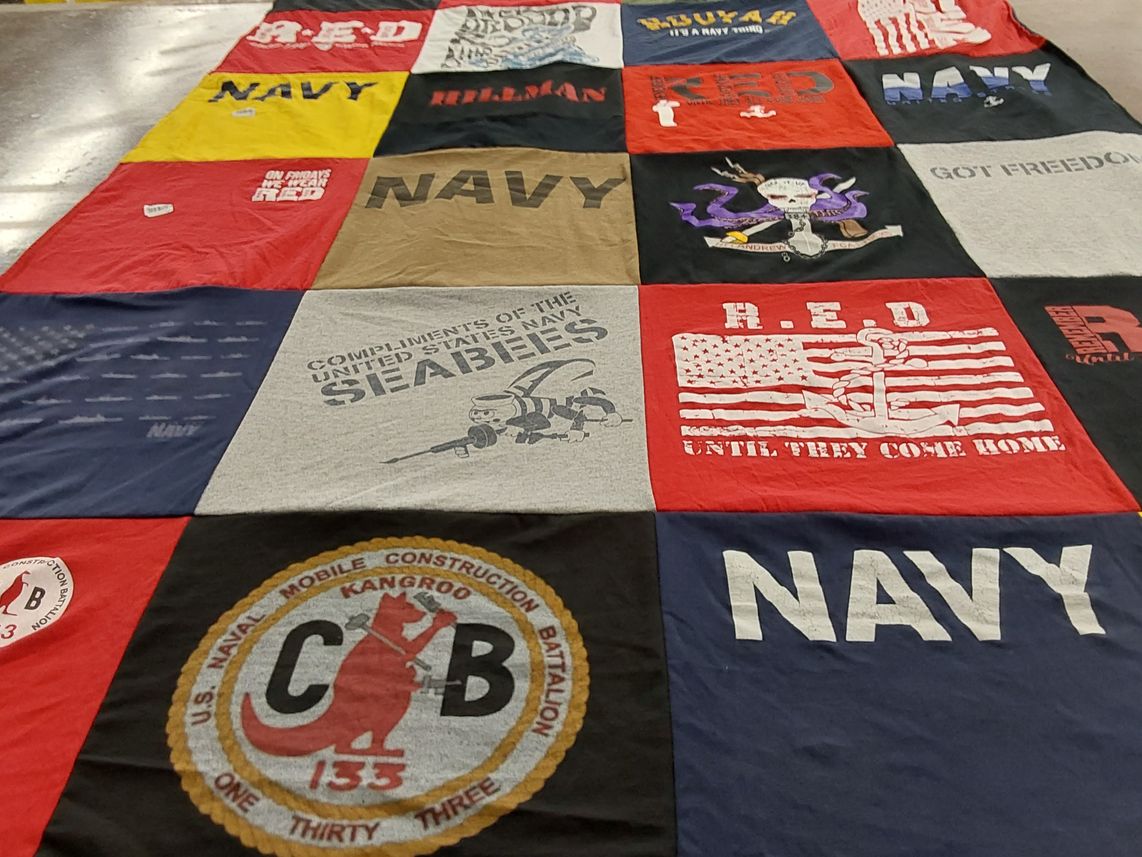 T-shirt quilt with military, naval service themes by Mechelle from IN