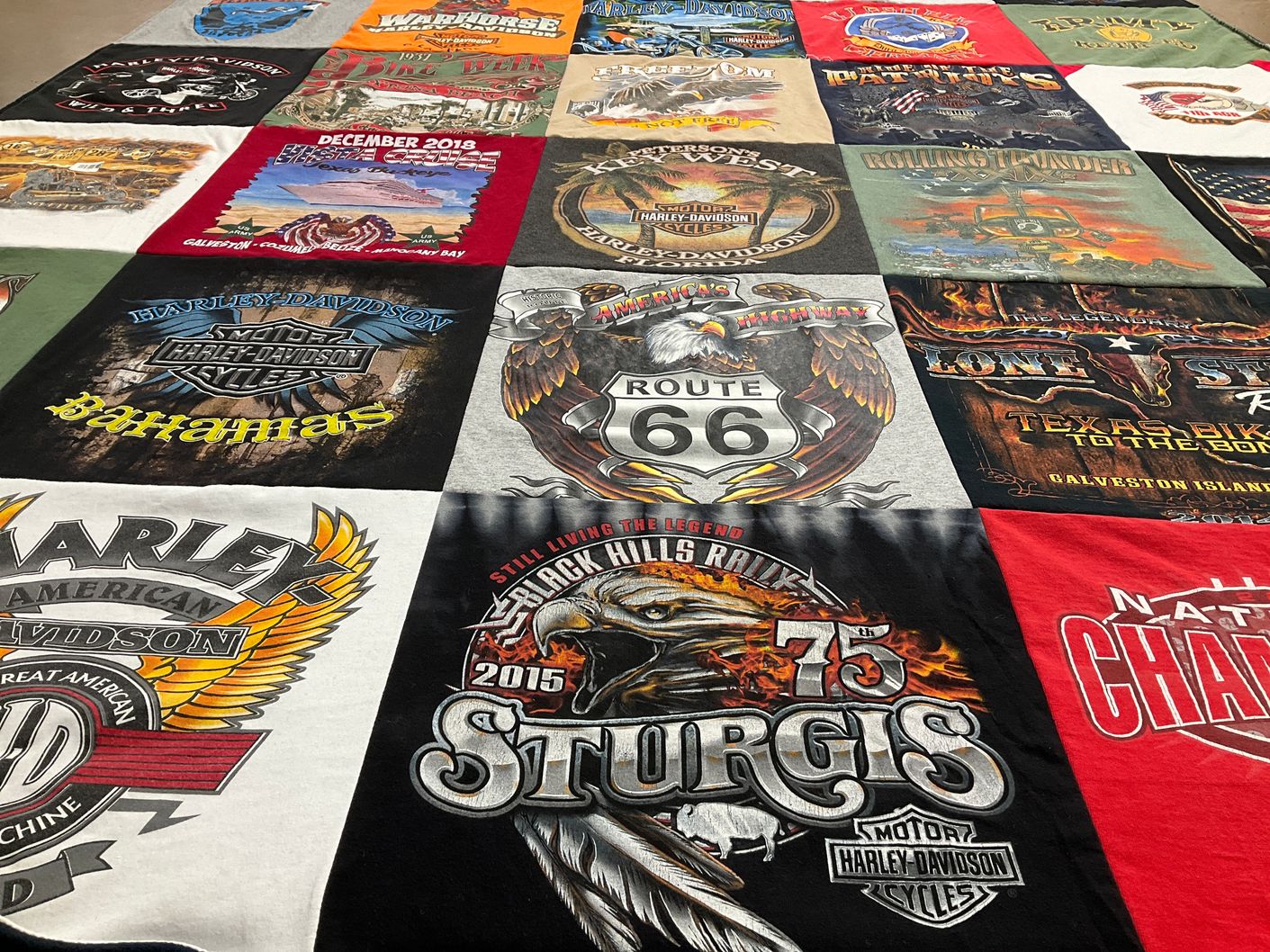 T-shirt quilt with motorcycles, biking themes by Petra from TX