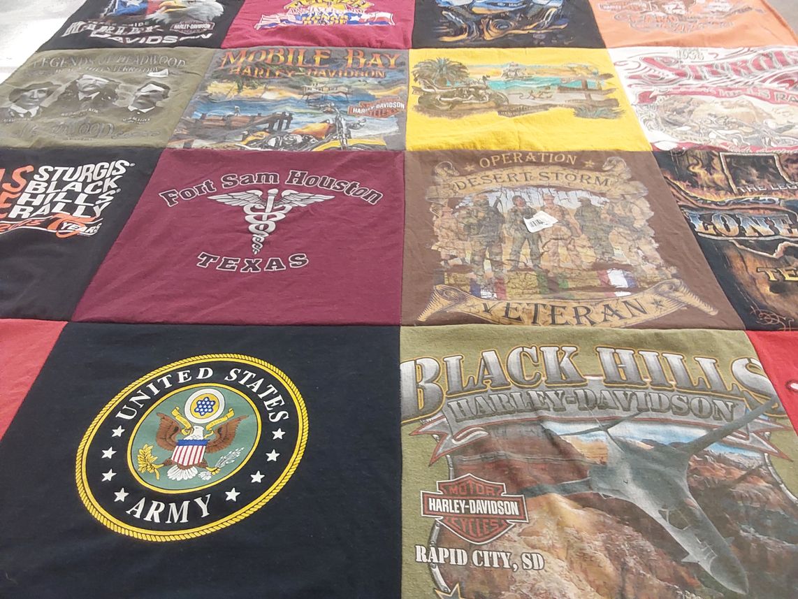 T-shirt quilt with motorcycles, military themes by Petra from TX