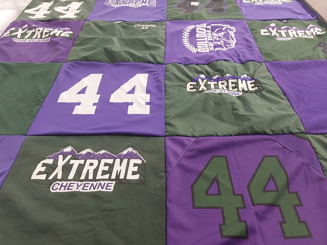 T-shirt quilt with sports, softball themes by Amanda from WY