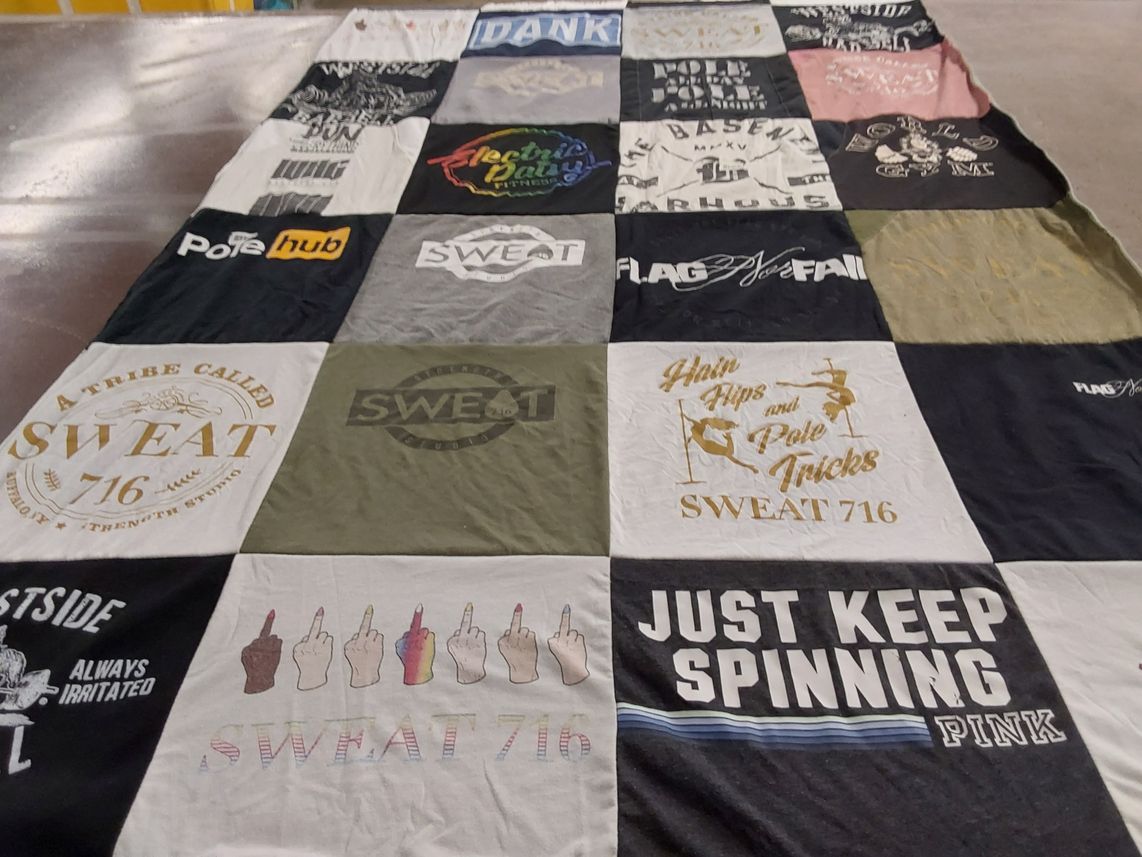T-shirt quilt with fitness, dance themes by Caitlin from NY