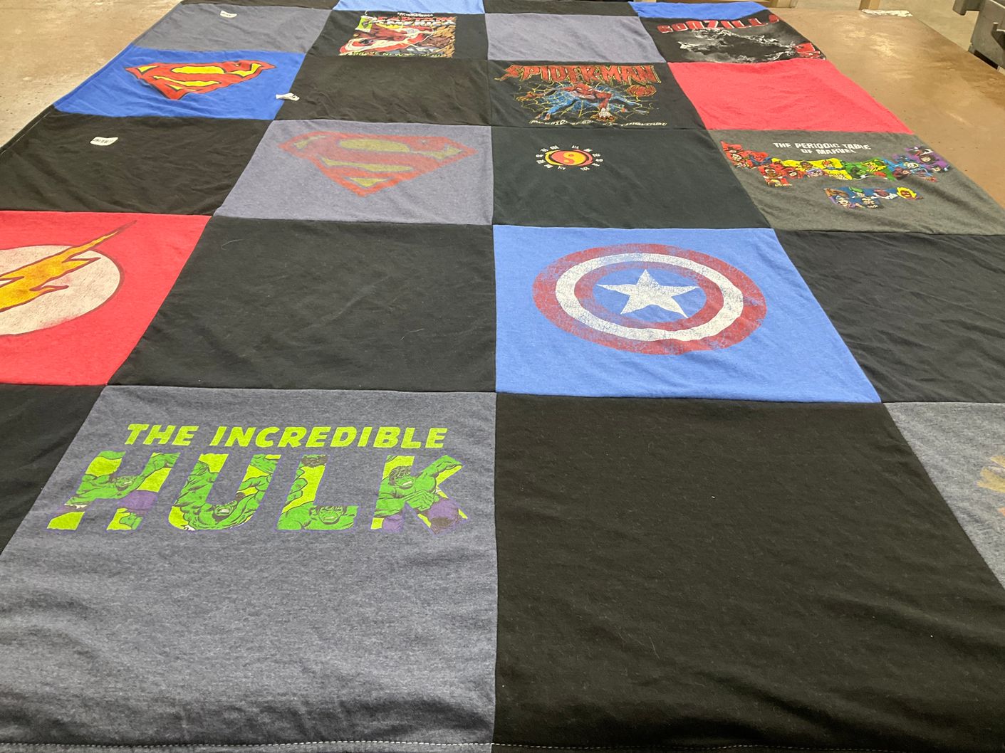T-shirt quilt with comic books, superheroes themes by Elizabeth from AL