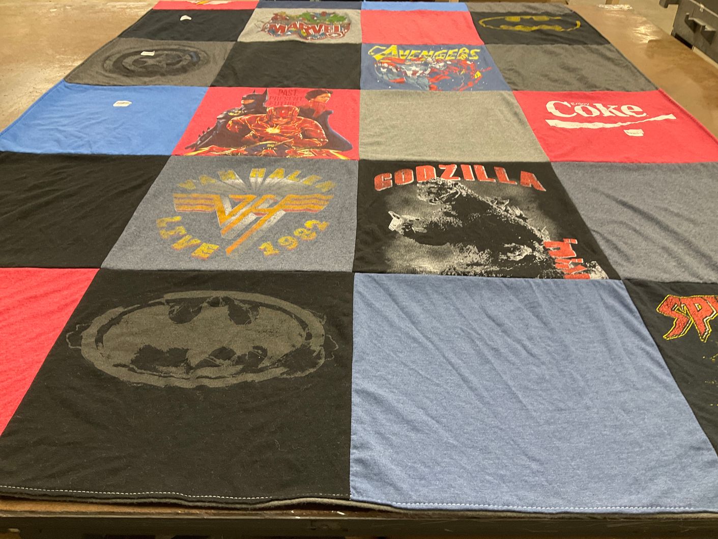 T-shirt quilt with comics, movies themes by Elizabeth from AL