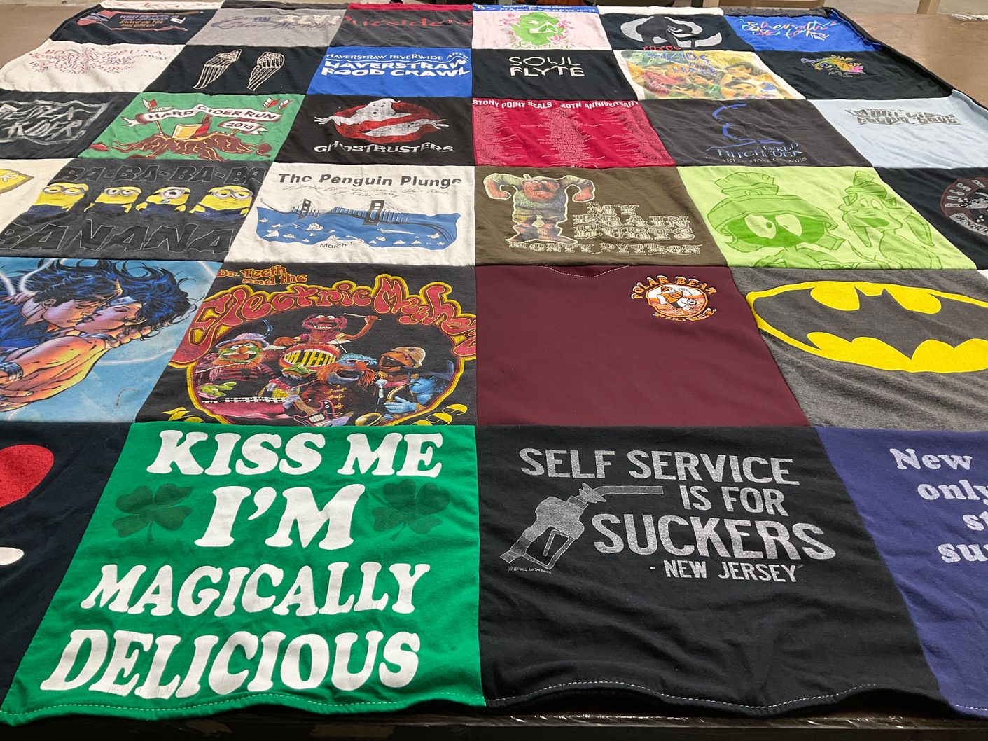 T-shirt quilt with pop culture, movies themes by Jessica from NY