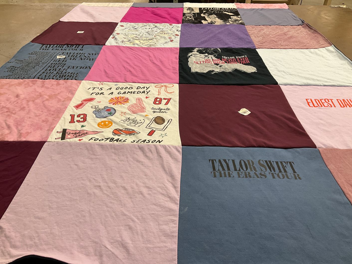 T-shirt quilt with music, sports themes by Maria from CA