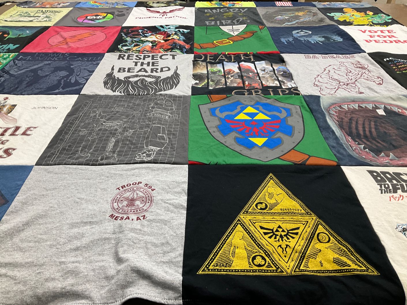 T-shirt quilt with video games, beards themes by Jennifer from AZ