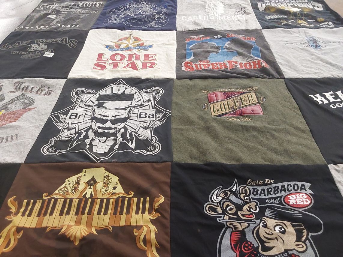 T-shirt quilt with cooking, music themes by Victoria from TX