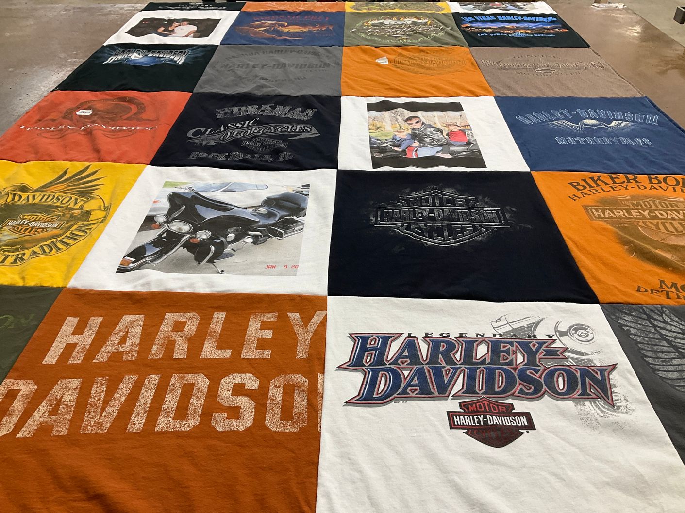T-shirt quilt with motorcycles, biking themes by Michelle from MO