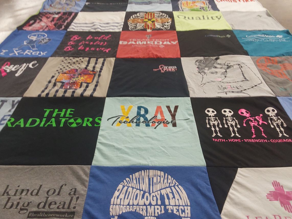 T-shirt quilt with healthcare, radiology themes by Christina from NM