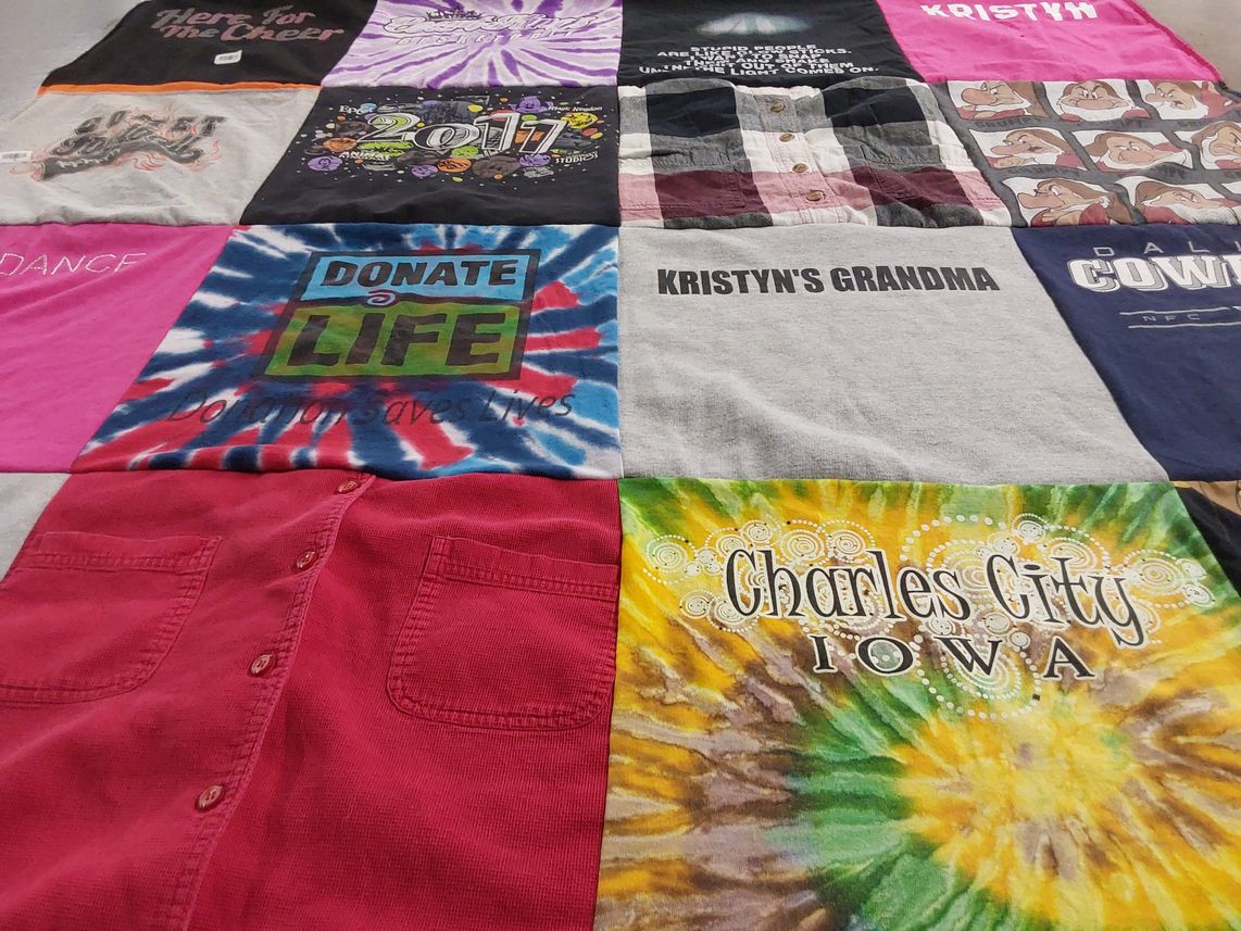 T-shirt quilt with donation, cheerleading themes by Jessica from IA
