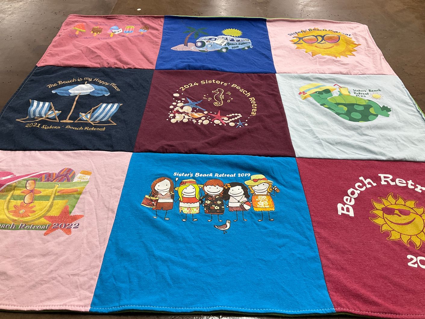 T-shirt quilt with beach, retreats themes by Mary from LA