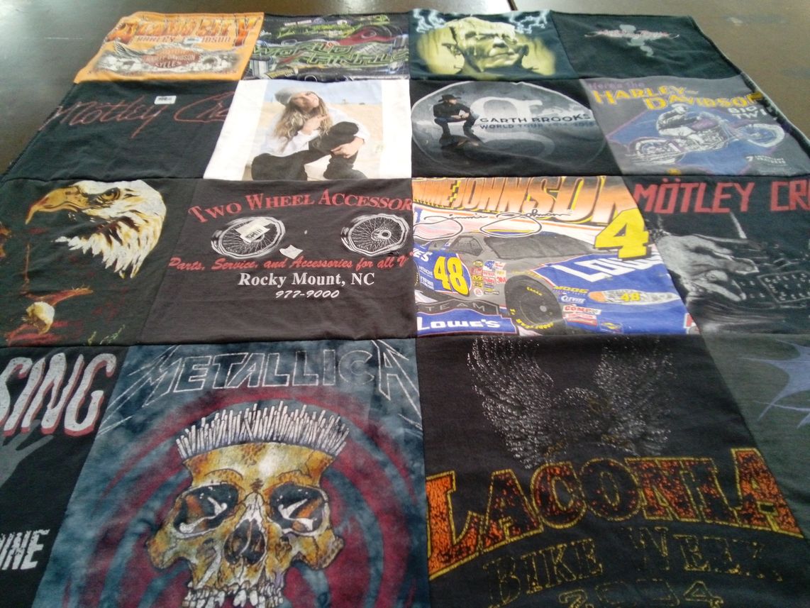 T-shirt quilt with motorcycles, music themes by Melinda from CA