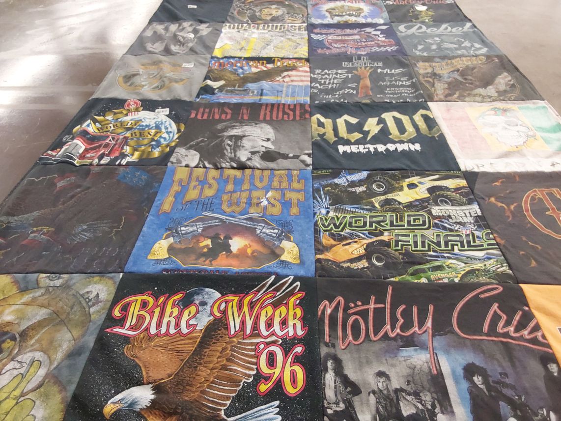 T-shirt quilt with motorcycles, music themes by Melinda from CA
