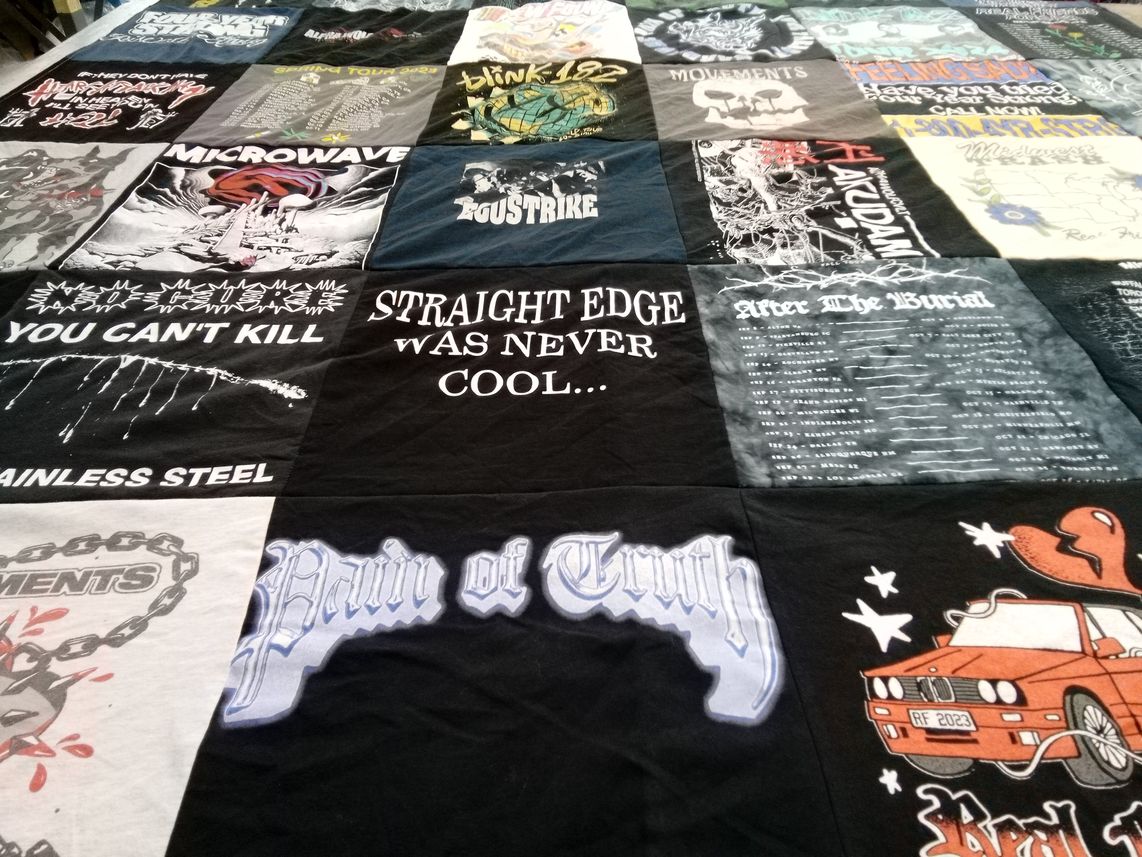 T-shirt quilt with music, bands themes by Sue from MN