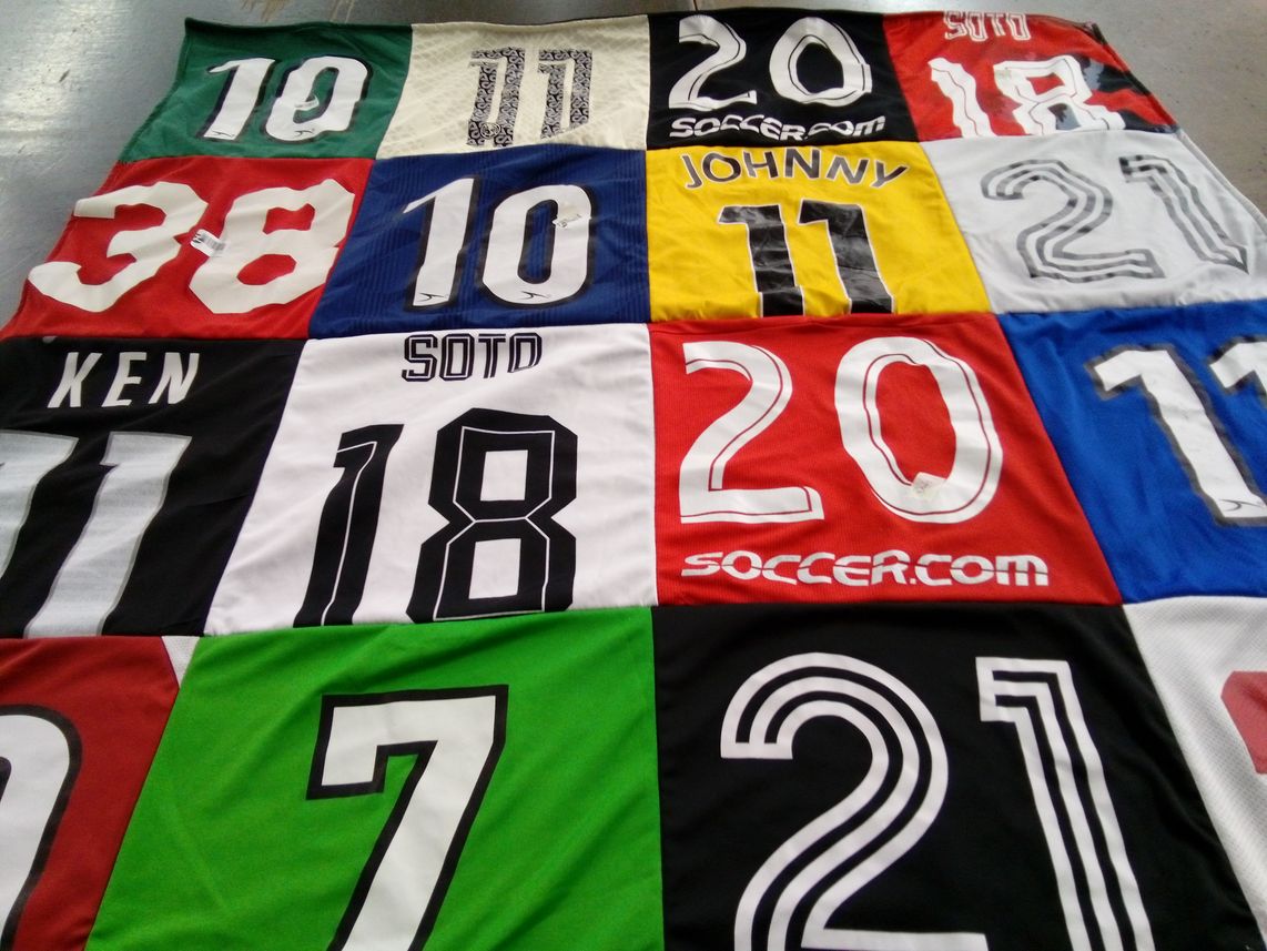 T-shirt quilt with soccer themes by Michelle from CA