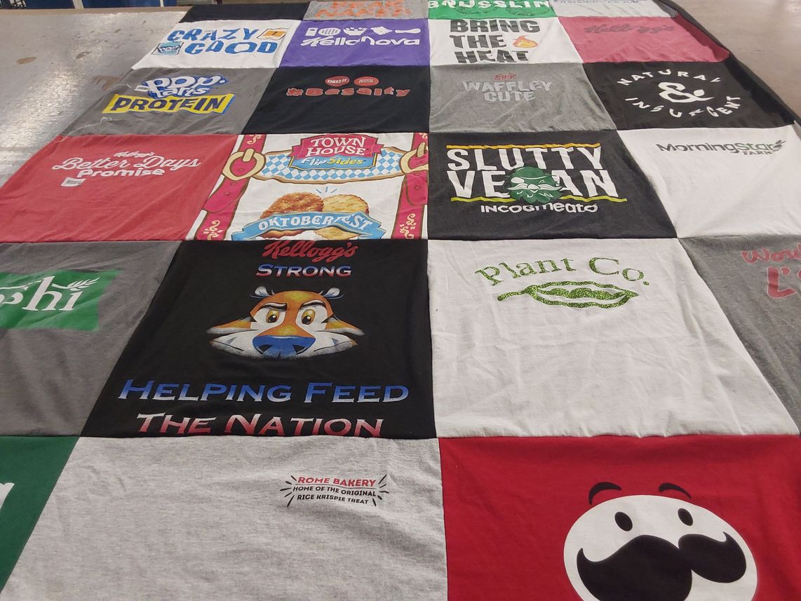 T-shirt quilt with food, nutrition themes by Jennifer from MI