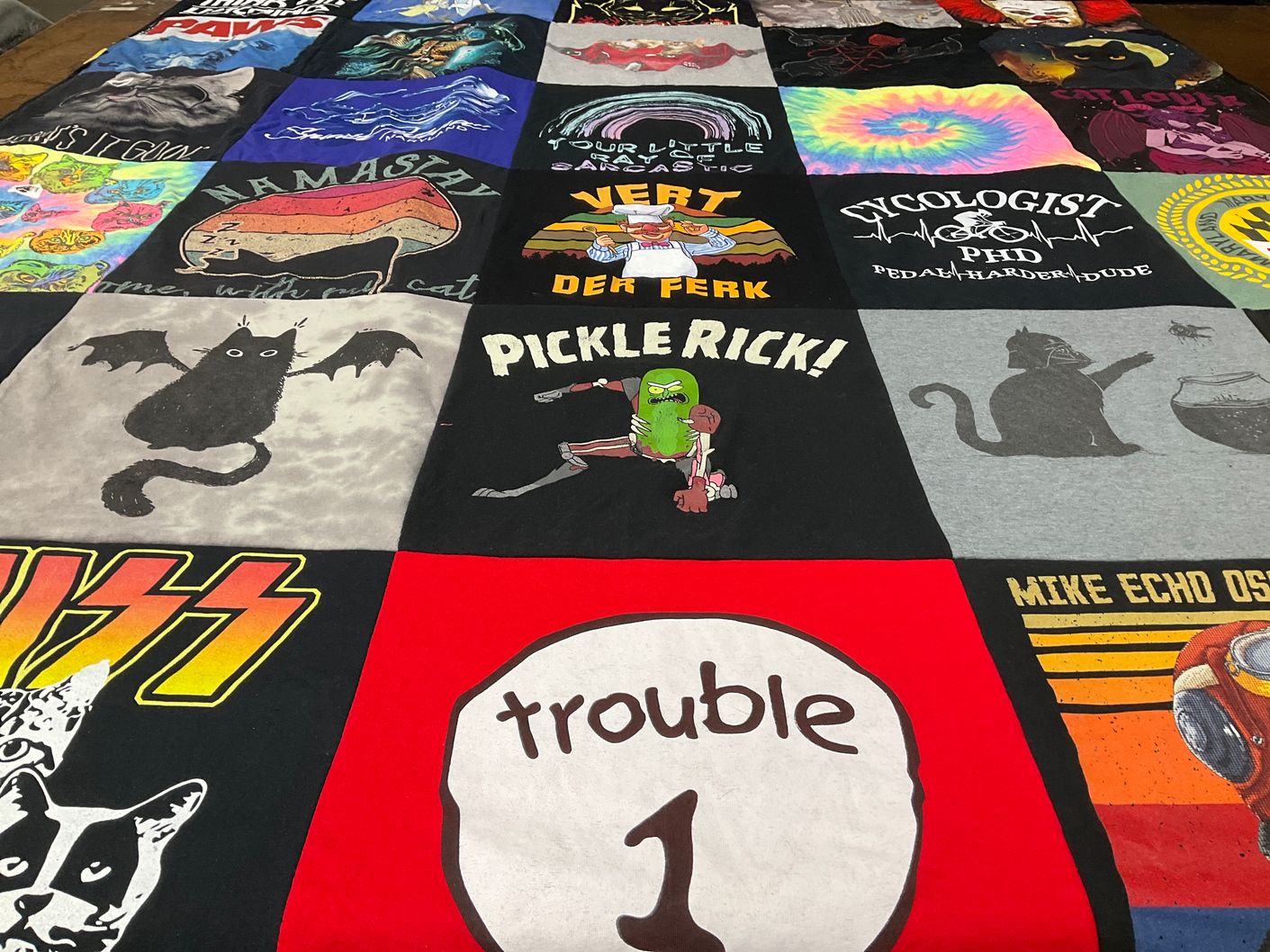 T-shirt quilt with cats, anime themes by Michelle from MD