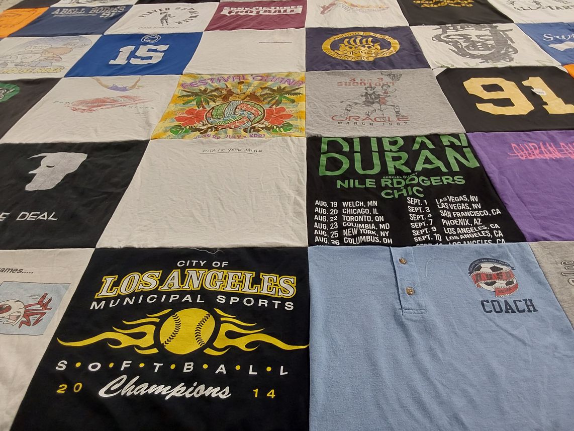 T-shirt quilt with music, sports themes by JESSICA from CA