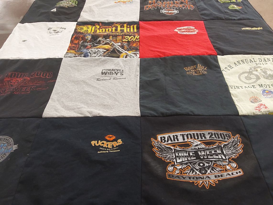 T-shirt quilt with motorcycles, biking themes by Michele from FL