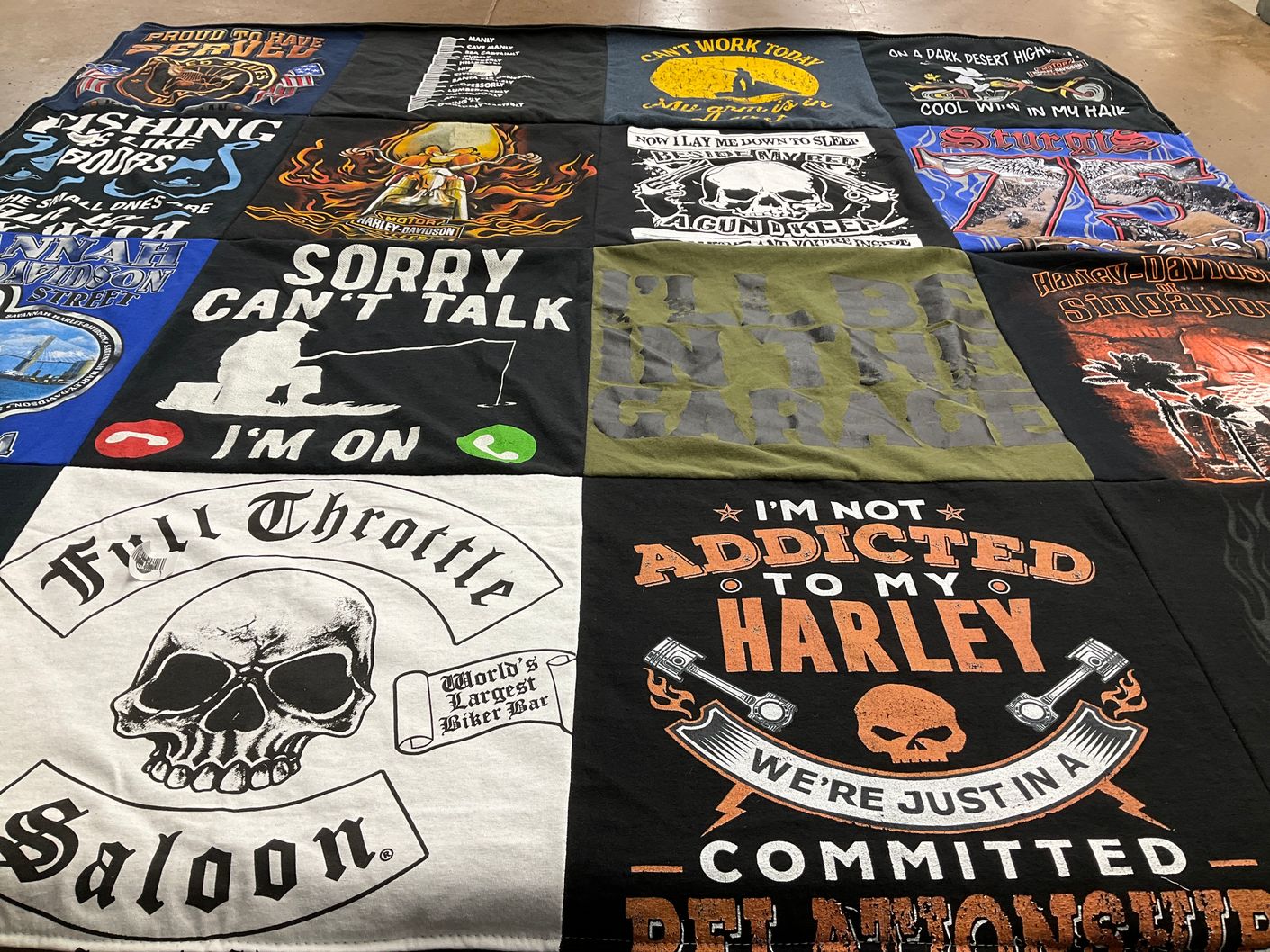 T-shirt quilt with motorcycles, biking themes by Deb from AR