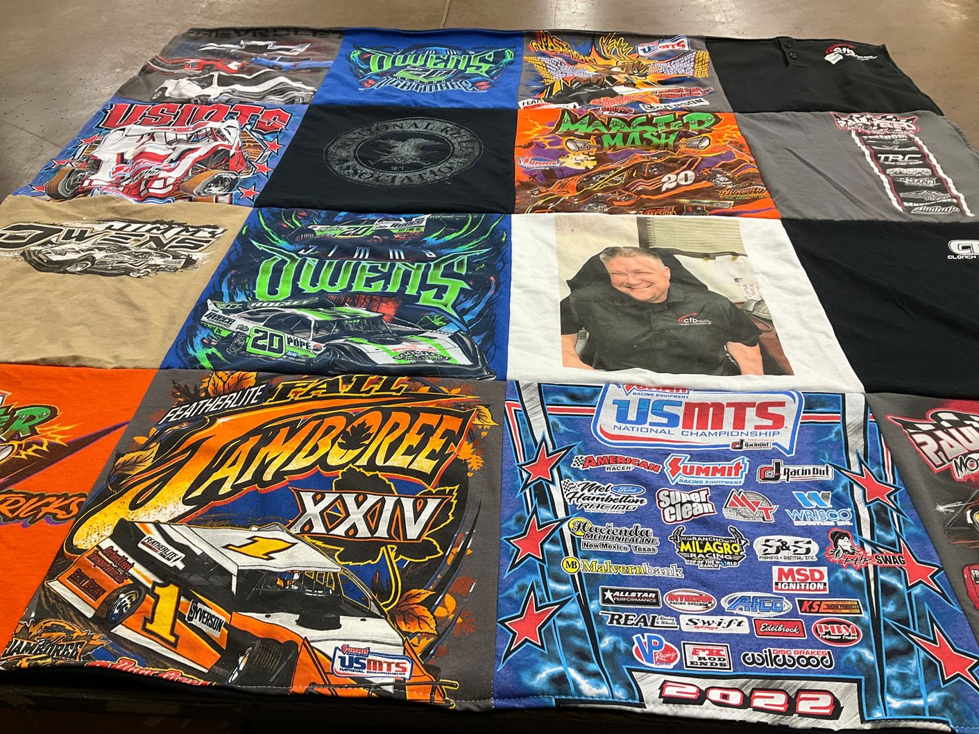 T-shirt quilt with racing, motorsports themes by Gloria from TX