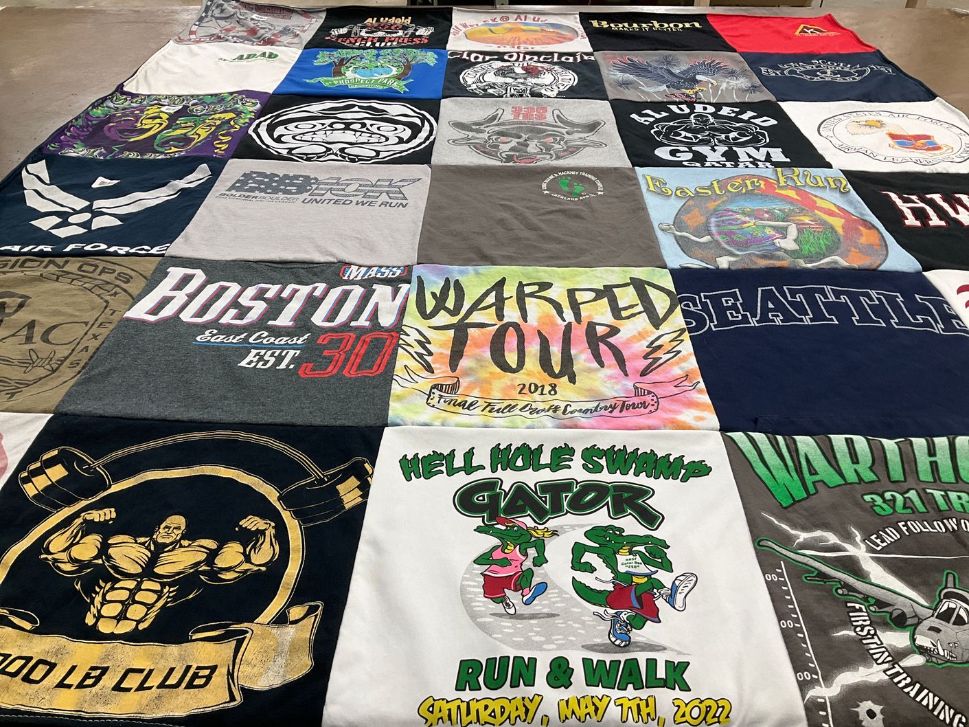 T-shirt quilt with running, fitness themes by Carly from AK