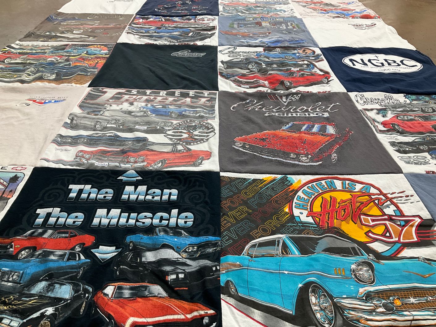 T-shirt quilt with cars, muscle cars themes by Martha from GA