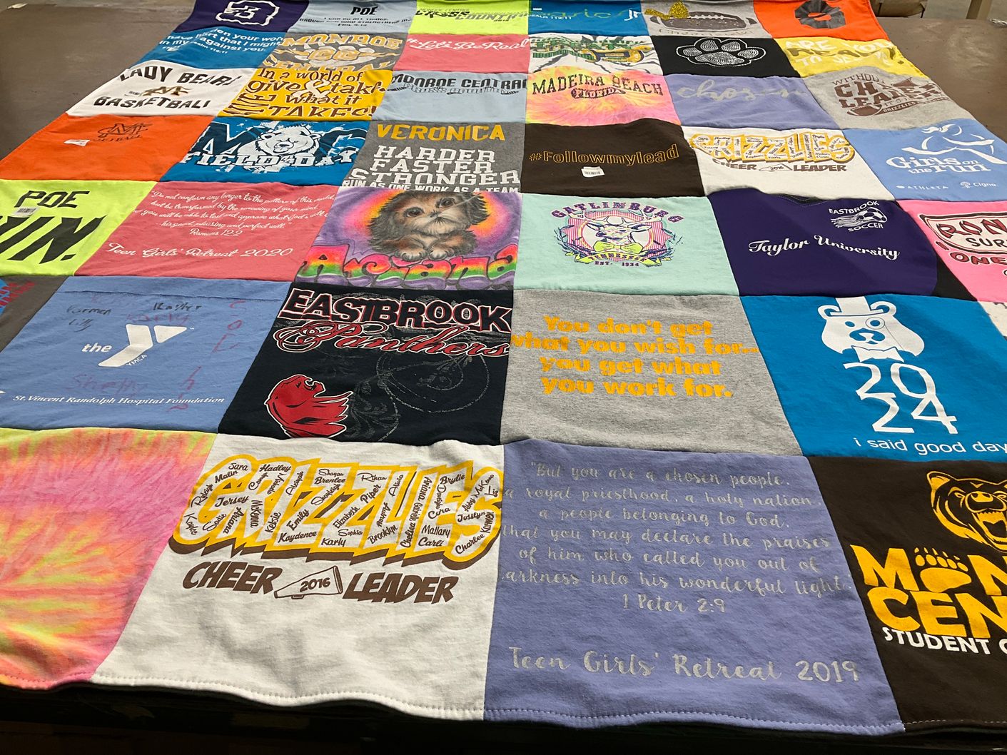 T-shirt quilt featuring eastbrook panthers, grizzlies cheerleading by Holly from IN