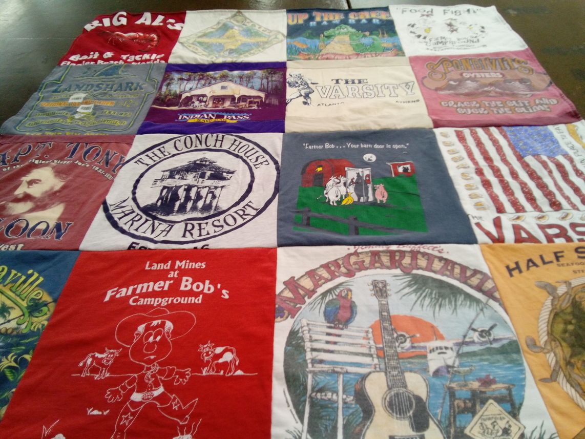 T-shirt quilt with seafood, camping themes by Angela from GA