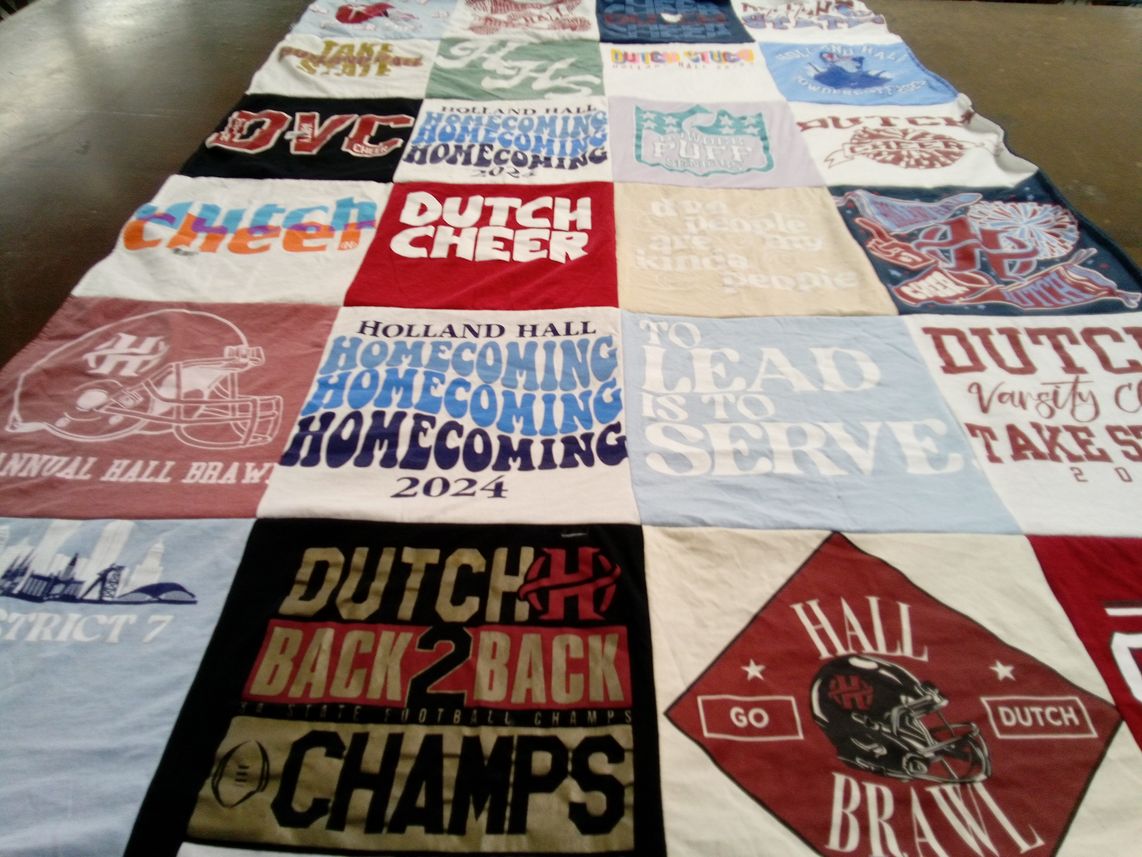 T-shirt quilt featuring holland hall brawl, dutch varsity cheer by Hillary from OK
