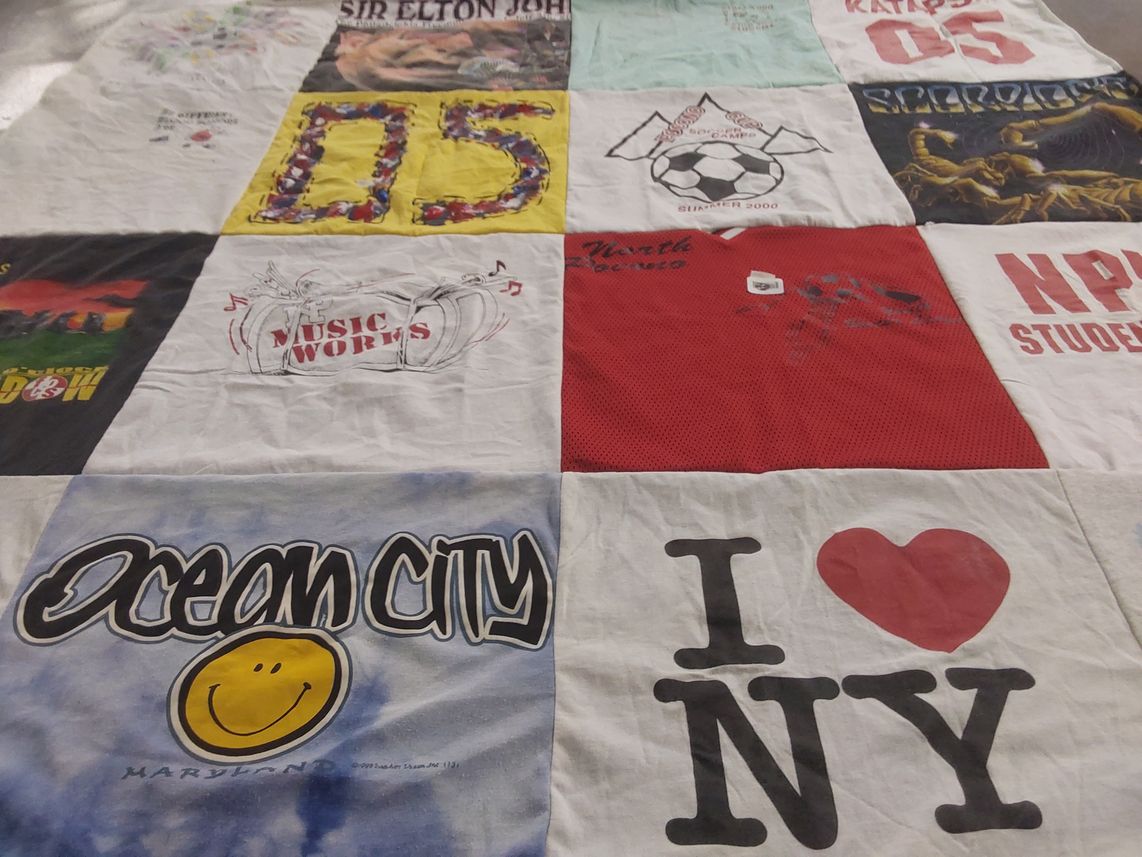 T-shirt quilt with music, ocean themes by Maryann from PA